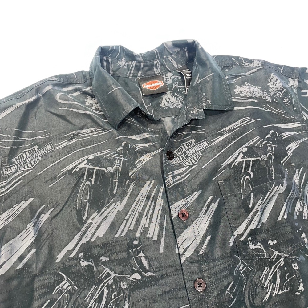 Harley-Davidson Mens Large Gray All Over Print Motorcycle Racing Button Up Shirt